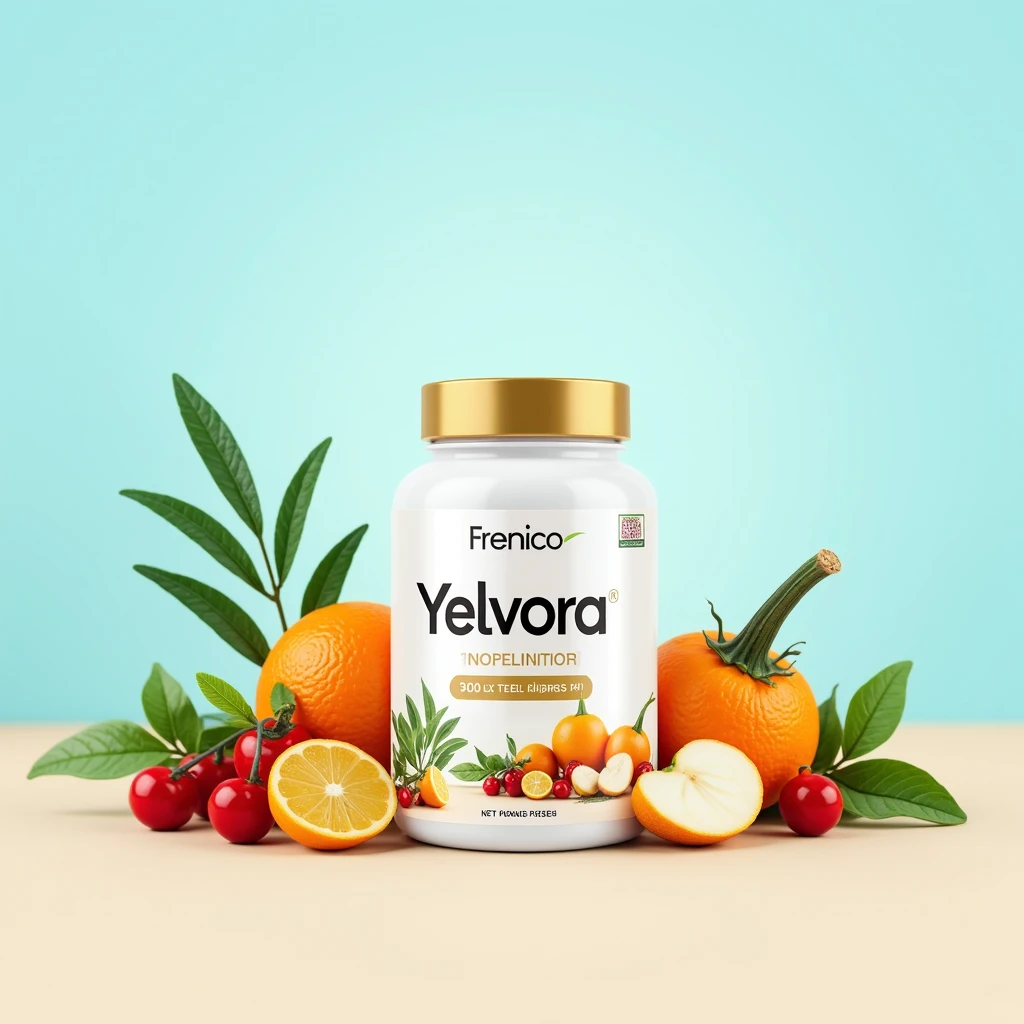 Illustration of Yelvora food supplement packaging, not a medicine
